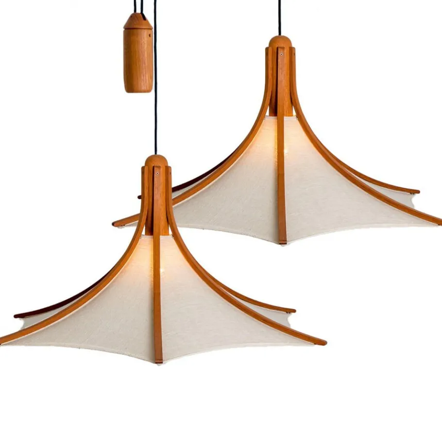 New Pamono Wooden Pendant Light with Textile Shade from Domus Germany, 1970s