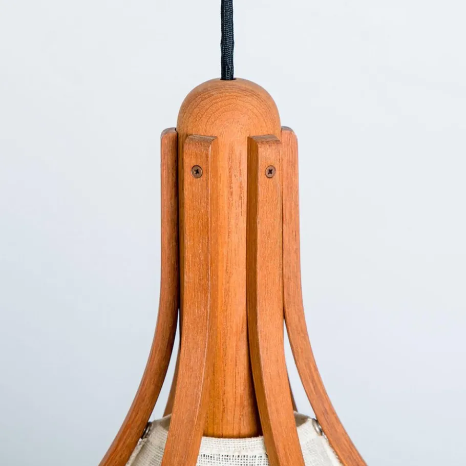 New Pamono Wooden Pendant Light with Textile Shade from Domus Germany, 1970s