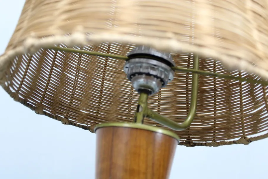 Outlet Pamono Wooden Table Lamp with Wicker Shade from Parker Knoll, Britain, 1960s