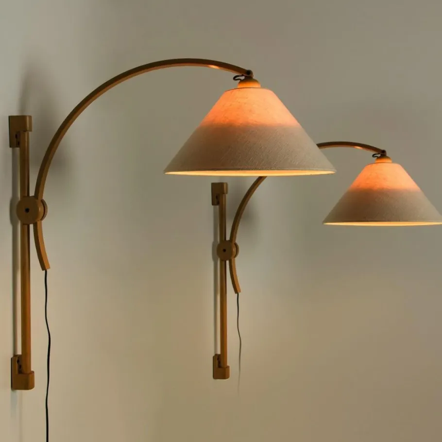 Hot Pamono Wooden Wall Lights with Natural Shade by Domus Germany, 1970s