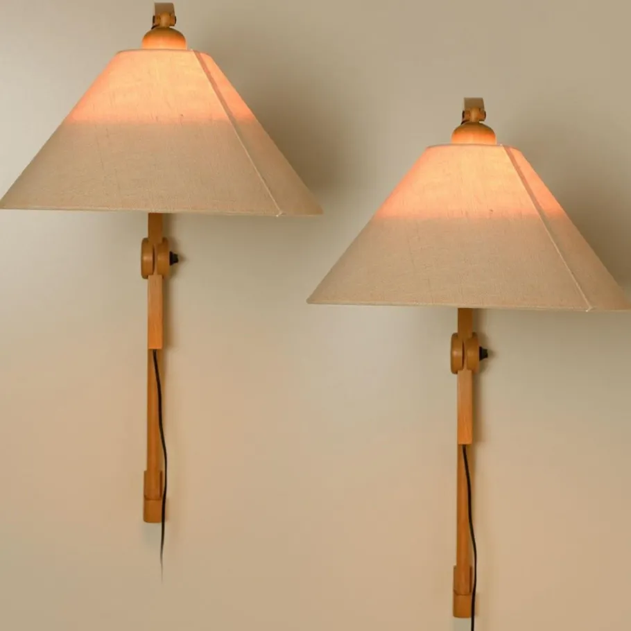 Hot Pamono Wooden Wall Lights with Natural Shade by Domus Germany, 1970s