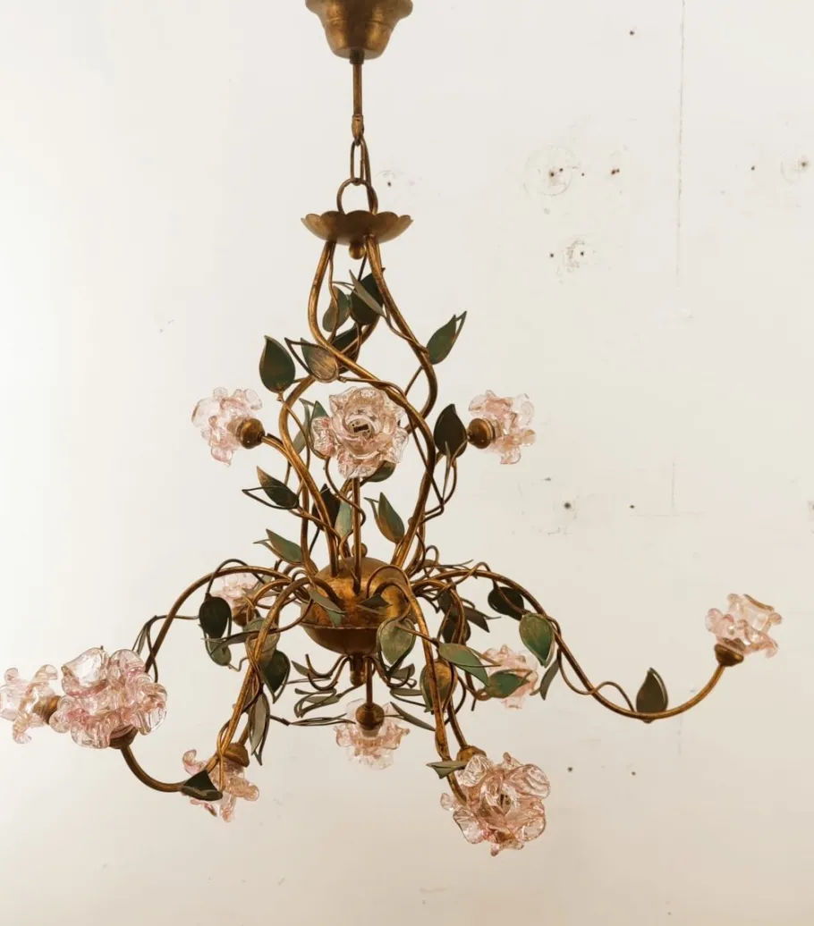 Sale Pamono Wrought Iron Chandelier with Vitri in Pink Murano