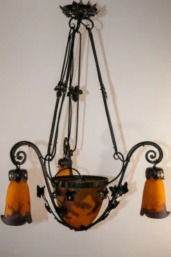Discount Pamono Wrought Iron Pate de Verre Lamp from Muller Freres Luneville, France, 1930s