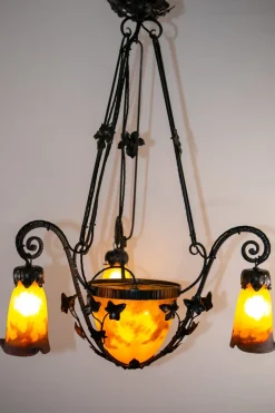 Discount Pamono Wrought Iron Pate de Verre Lamp from Muller Freres Luneville, France, 1930s