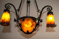 Discount Pamono Wrought Iron Pate de Verre Lamp from Muller Freres Luneville, France, 1930s