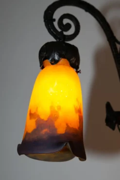 Discount Pamono Wrought Iron Pate de Verre Lamp from Muller Freres Luneville, France, 1930s