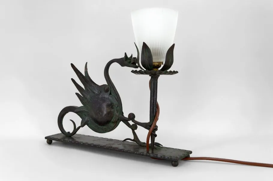 Sale Pamono Wrought Iron Table Lamp with Dragon, Italy, 1900s