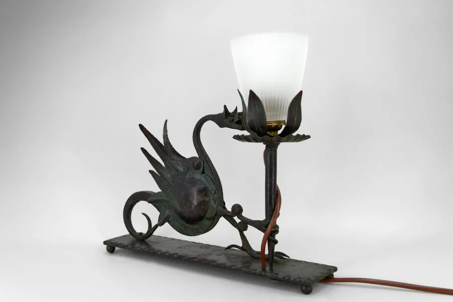 Sale Pamono Wrought Iron Table Lamp with Dragon, Italy, 1900s