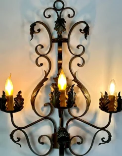 New Pamono Wrought Iron Wall Lights with Foliage Decoration, 1950s, Set of 2