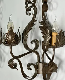 New Pamono Wrought Iron Wall Lights with Foliage Decoration, 1950s, Set of 2