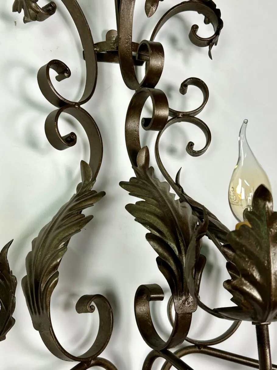 New Pamono Wrought Iron Wall Lights with Foliage Decoration, 1950s, Set of 2