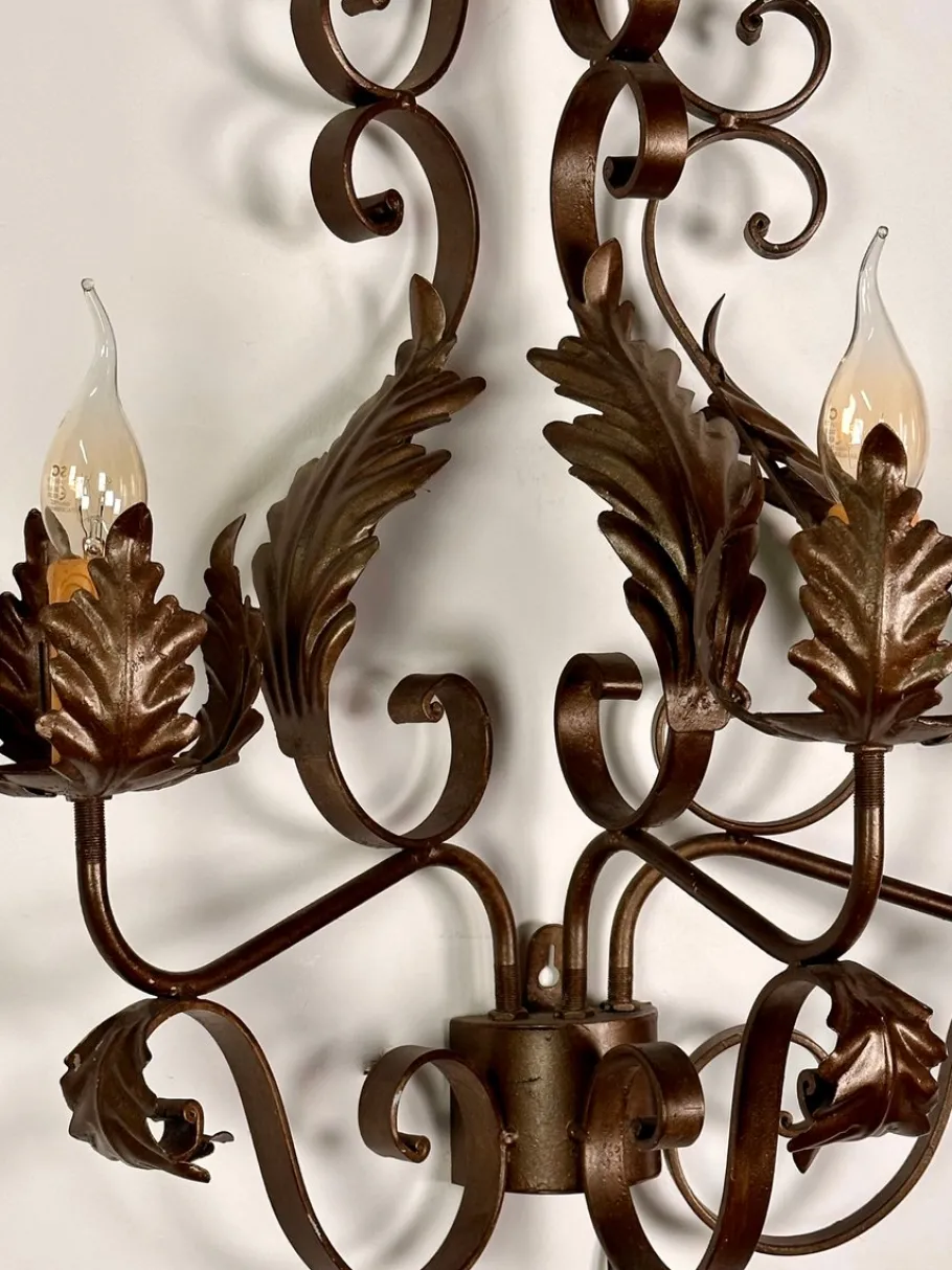 New Pamono Wrought Iron Wall Lights with Foliage Decoration, 1950s, Set of 2