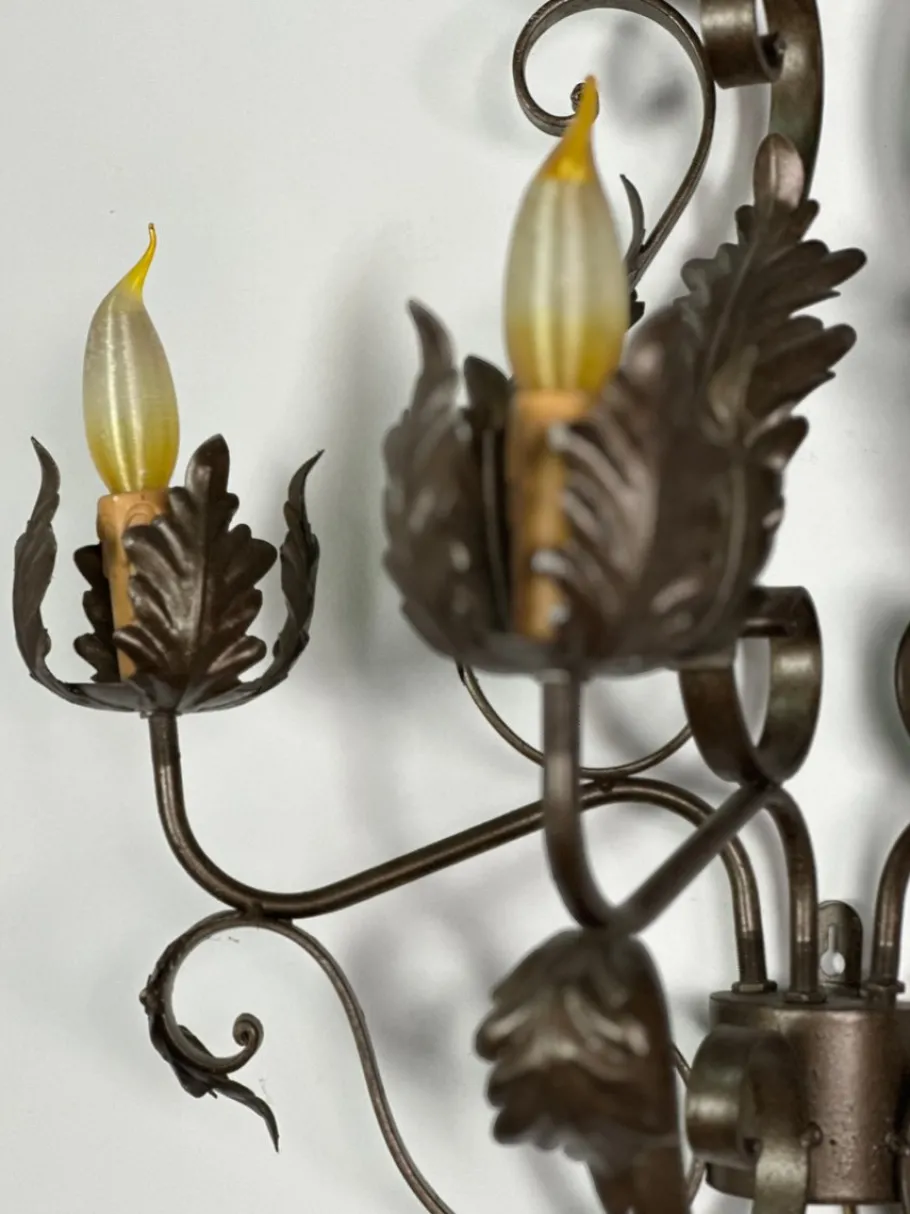 New Pamono Wrought Iron Wall Lights with Foliage Decoration, 1950s, Set of 2