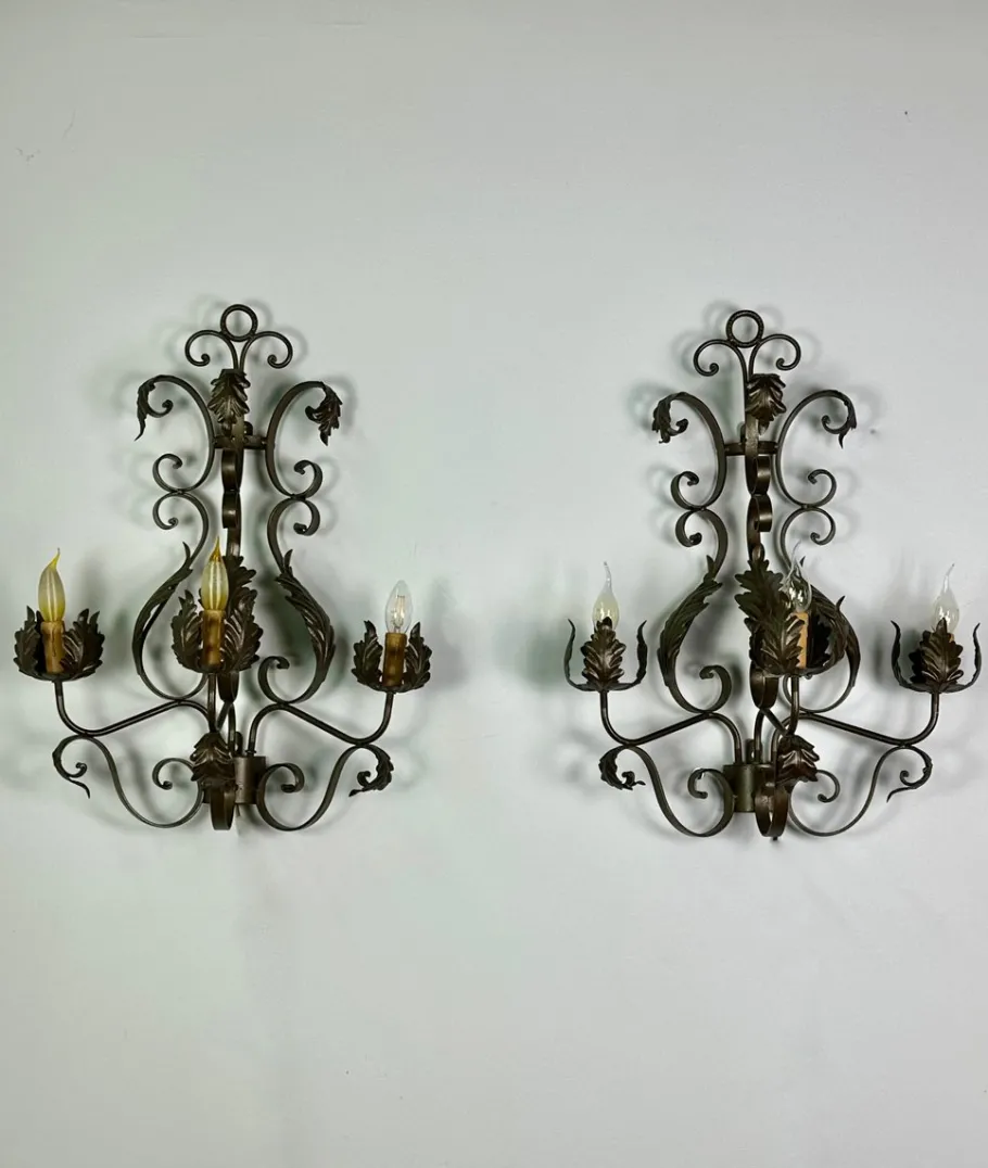 New Pamono Wrought Iron Wall Lights with Foliage Decoration, 1950s, Set of 2