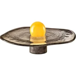 Clearance Pamono Yellow Glass Sphere on Swirling Marbled Smokey Grey Glass Base by Aina Kari