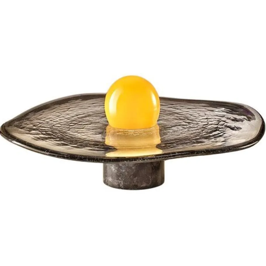 Clearance Pamono Yellow Glass Sphere on Swirling Marbled Smokey Grey Glass Base by Aina Kari