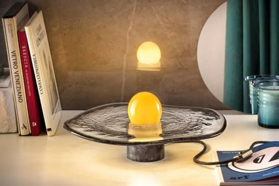 Clearance Pamono Yellow Glass Sphere on Swirling Marbled Smokey Grey Glass Base by Aina Kari