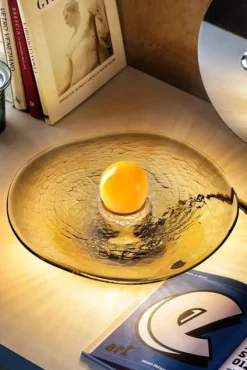 Clearance Pamono Yellow Glass Sphere on Swirling Marbled Smokey Grey Glass Base by Aina Kari