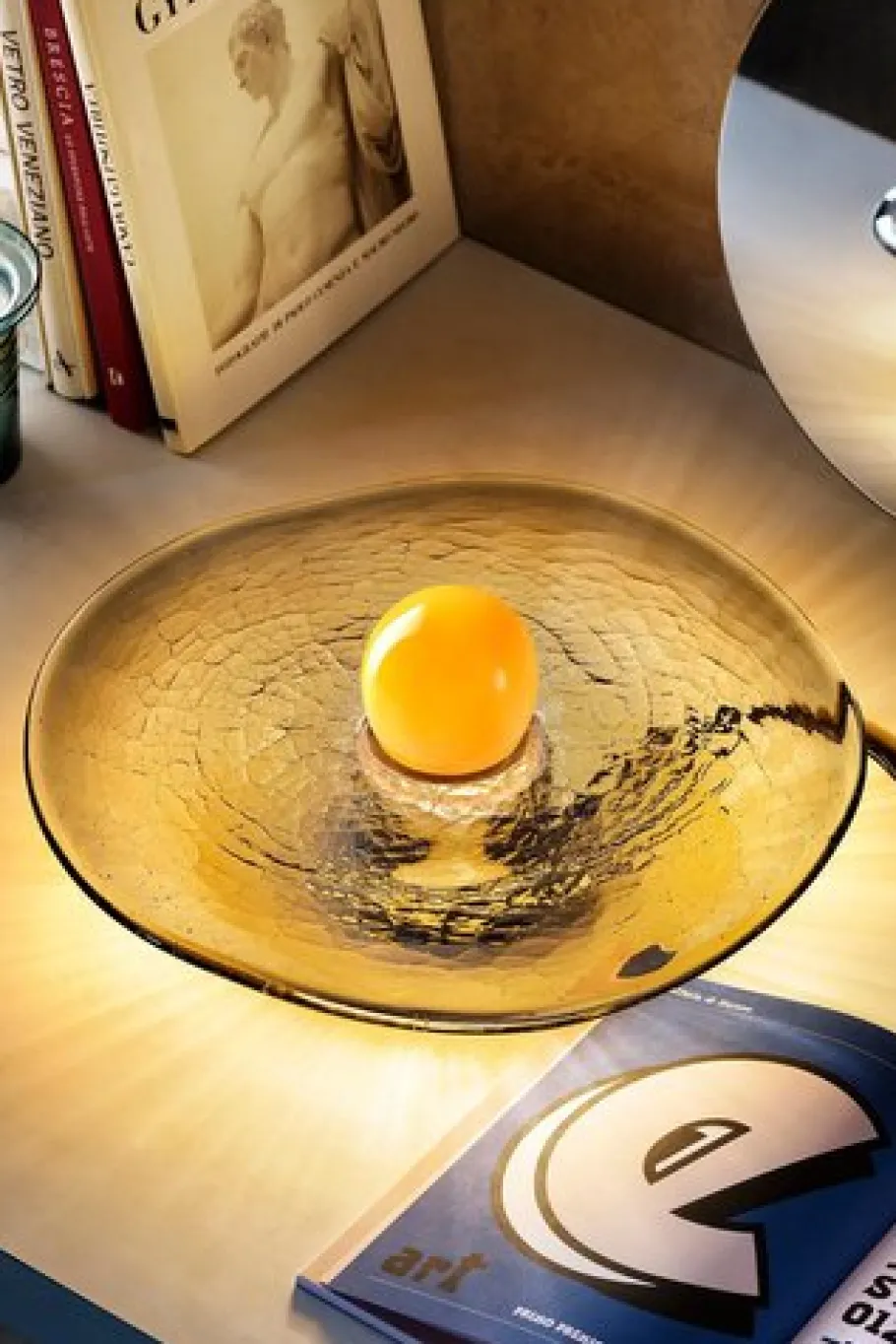 Clearance Pamono Yellow Glass Sphere on Swirling Marbled Smokey Grey Glass Base by Aina Kari