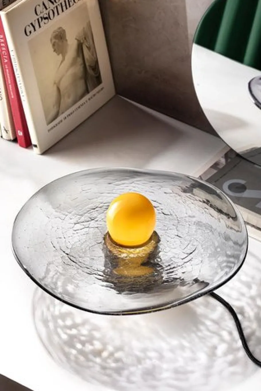 Clearance Pamono Yellow Glass Sphere on Swirling Marbled Smokey Grey Glass Base by Aina Kari