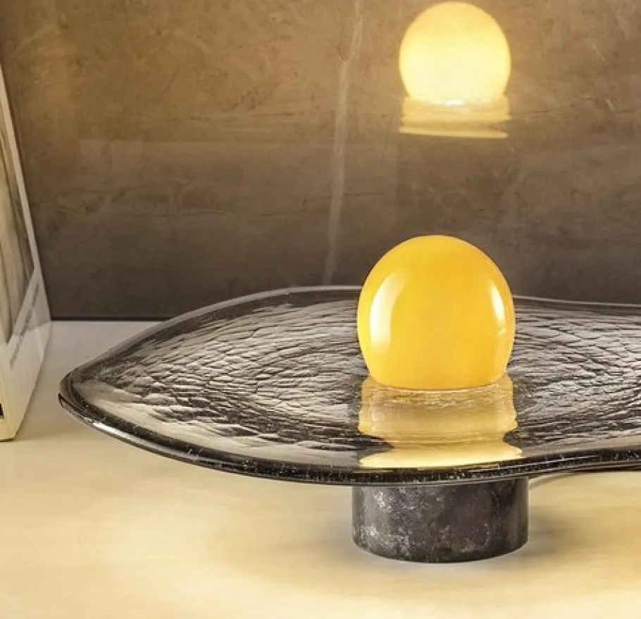 Clearance Pamono Yellow Glass Sphere on Swirling Marbled Smokey Grey Glass Base by Aina Kari